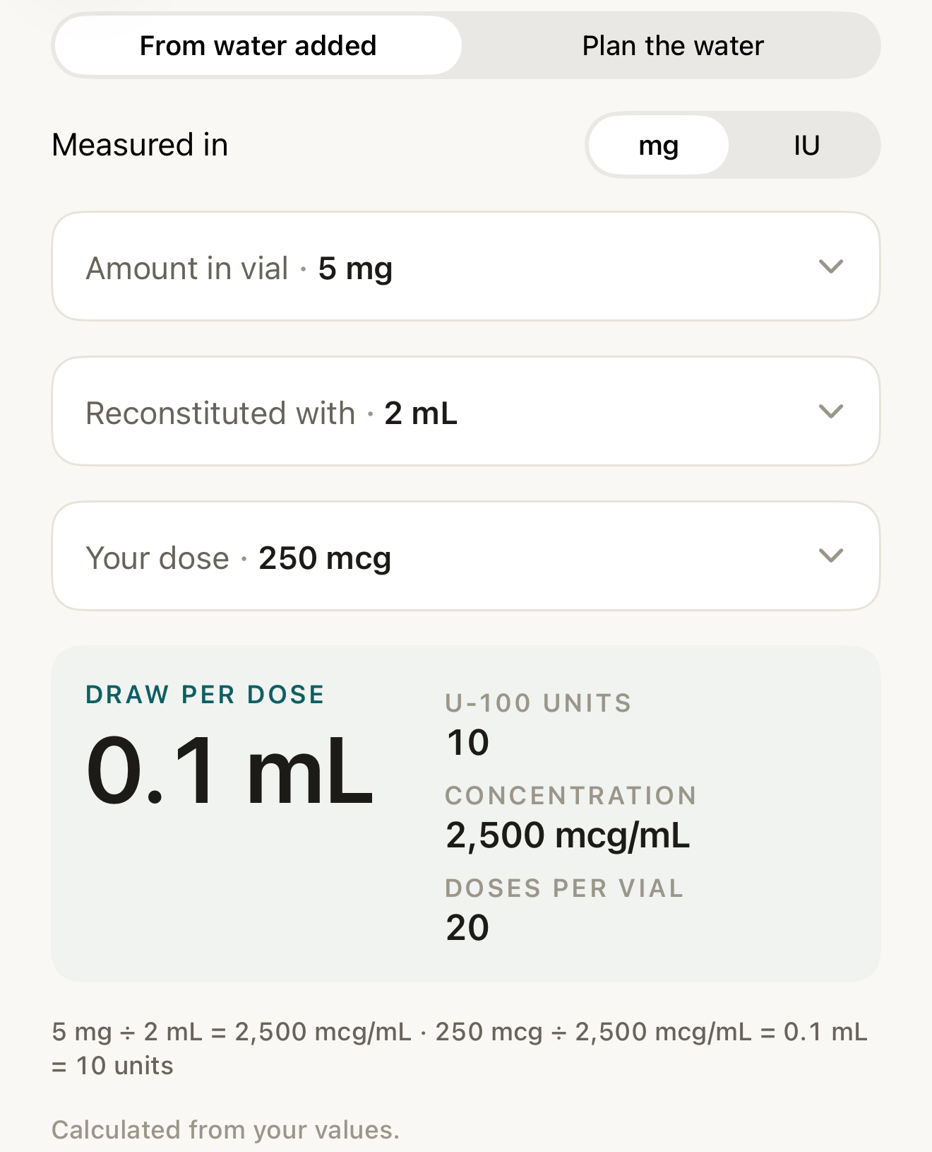 Completed calculator in From water added mode showing three read-back lines and the computed draw, concentration and doses per vial.