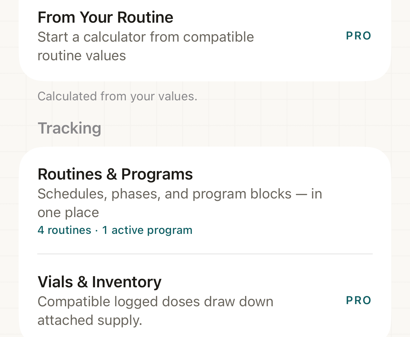 Tools list with From Your Routine and Vials & Inventory rows marked PRO.