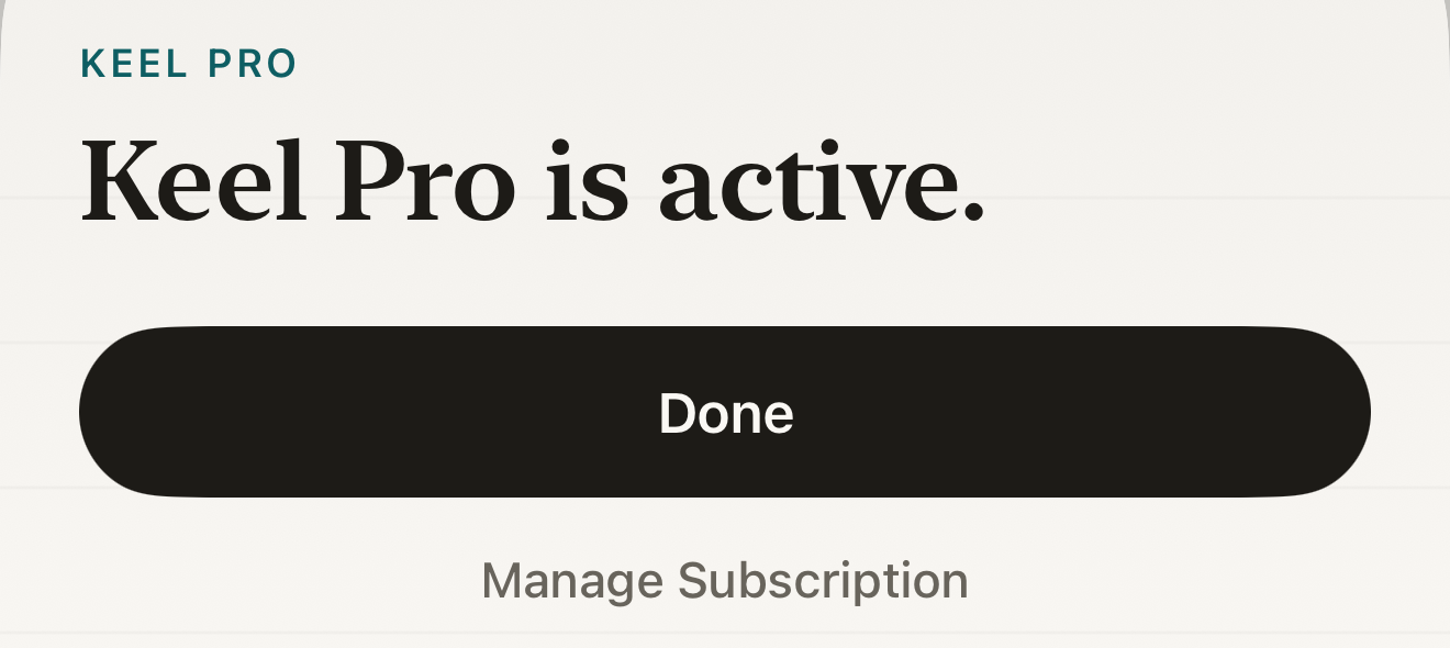 Sheet reading Keel Pro is active with a Done button and a Manage Subscription link.