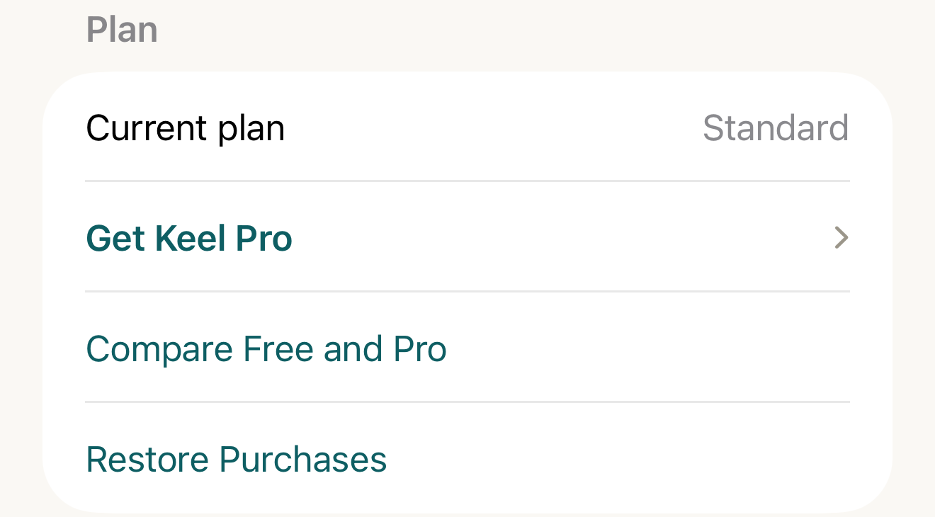 Settings Plan section showing Current plan Standard, Compare Free and Pro, Get Keel Pro and Restore Purchases.