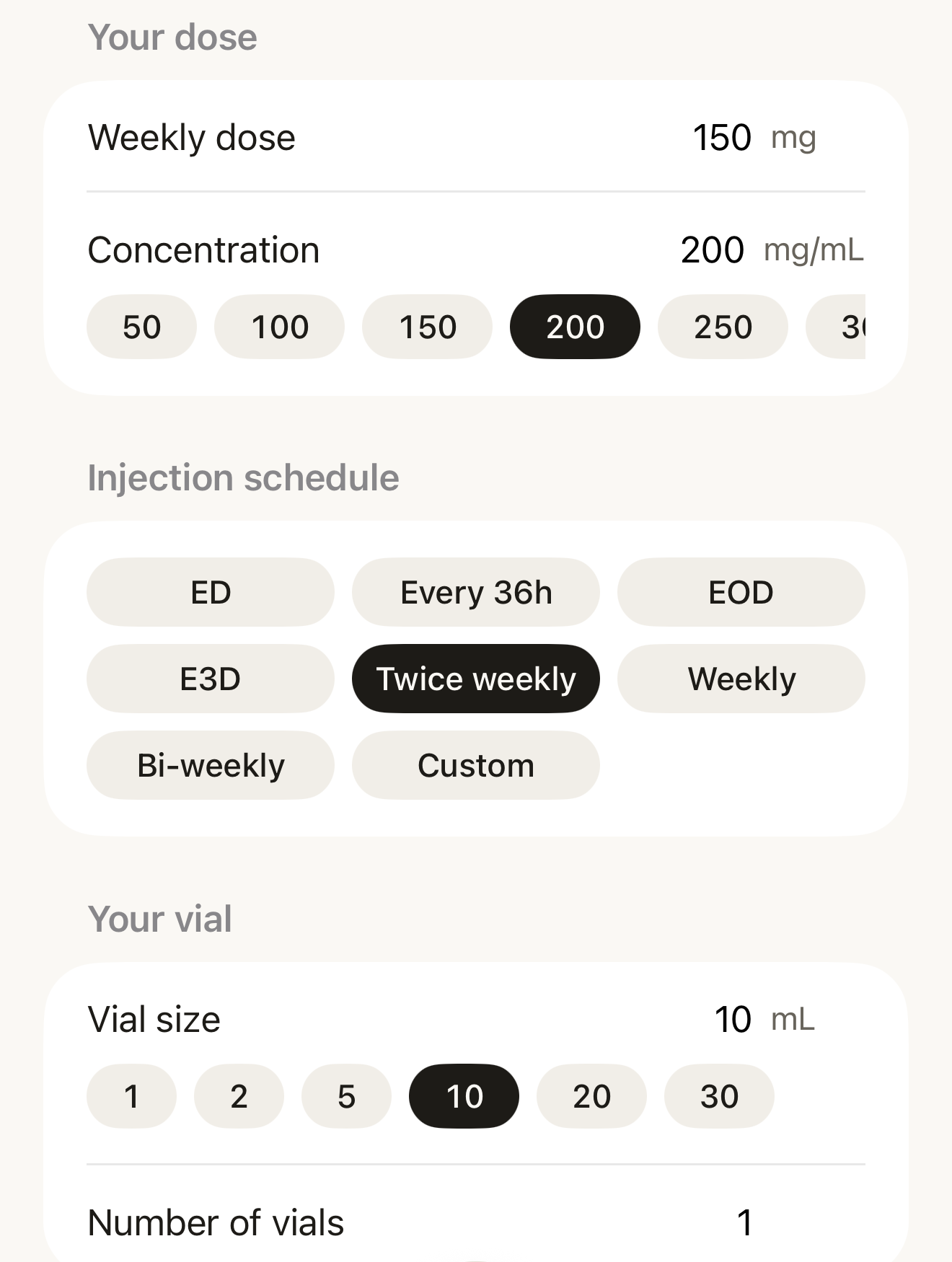 Oil-Based Calculator inputs: Weekly dose 150 mg, Concentration 200 mg/mL with the 200 chip selected, Twice weekly selected, Vial size 10 mL, Number of vials 1.